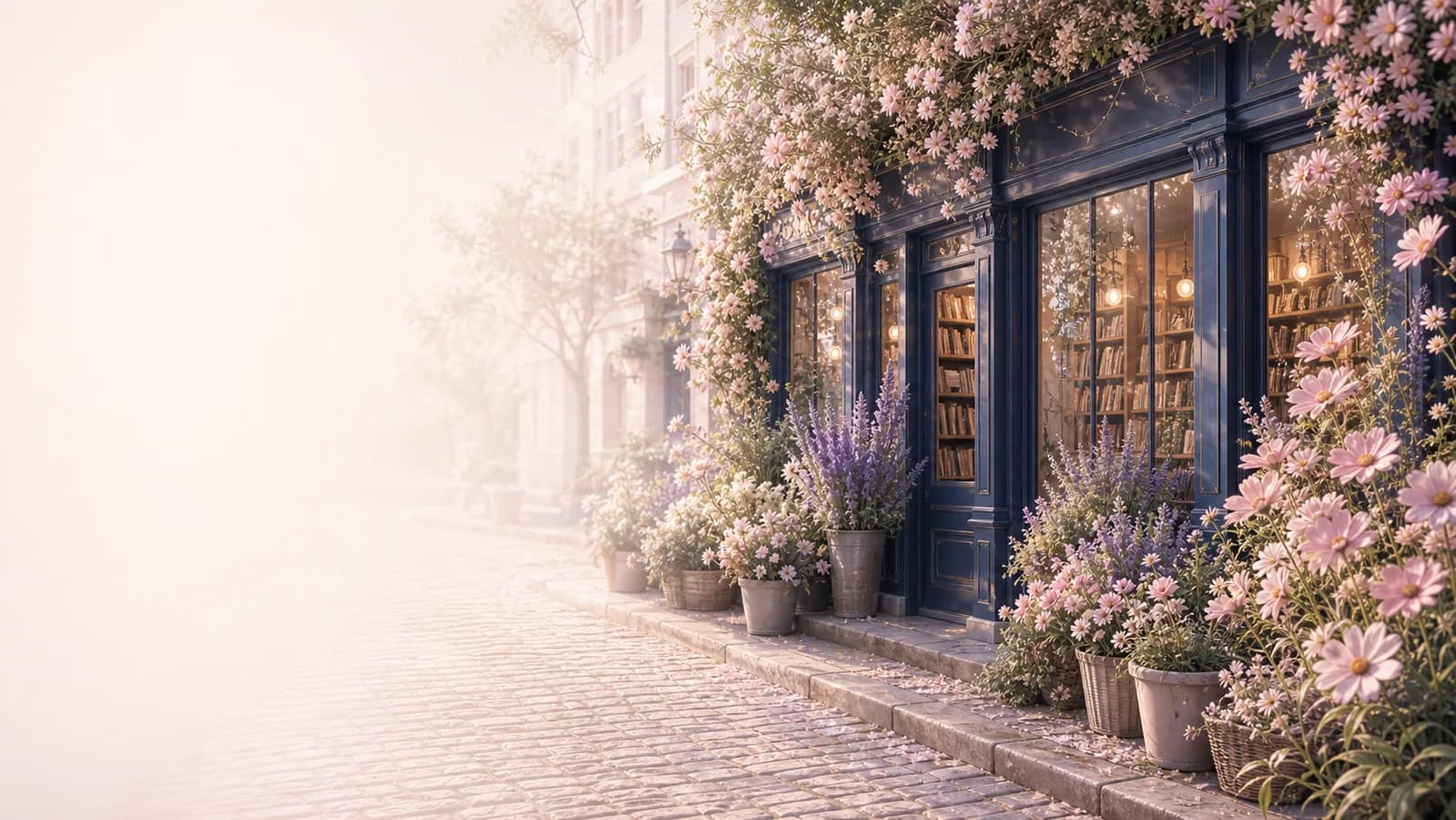A warmly lit bookshop covered in lavender and flowers